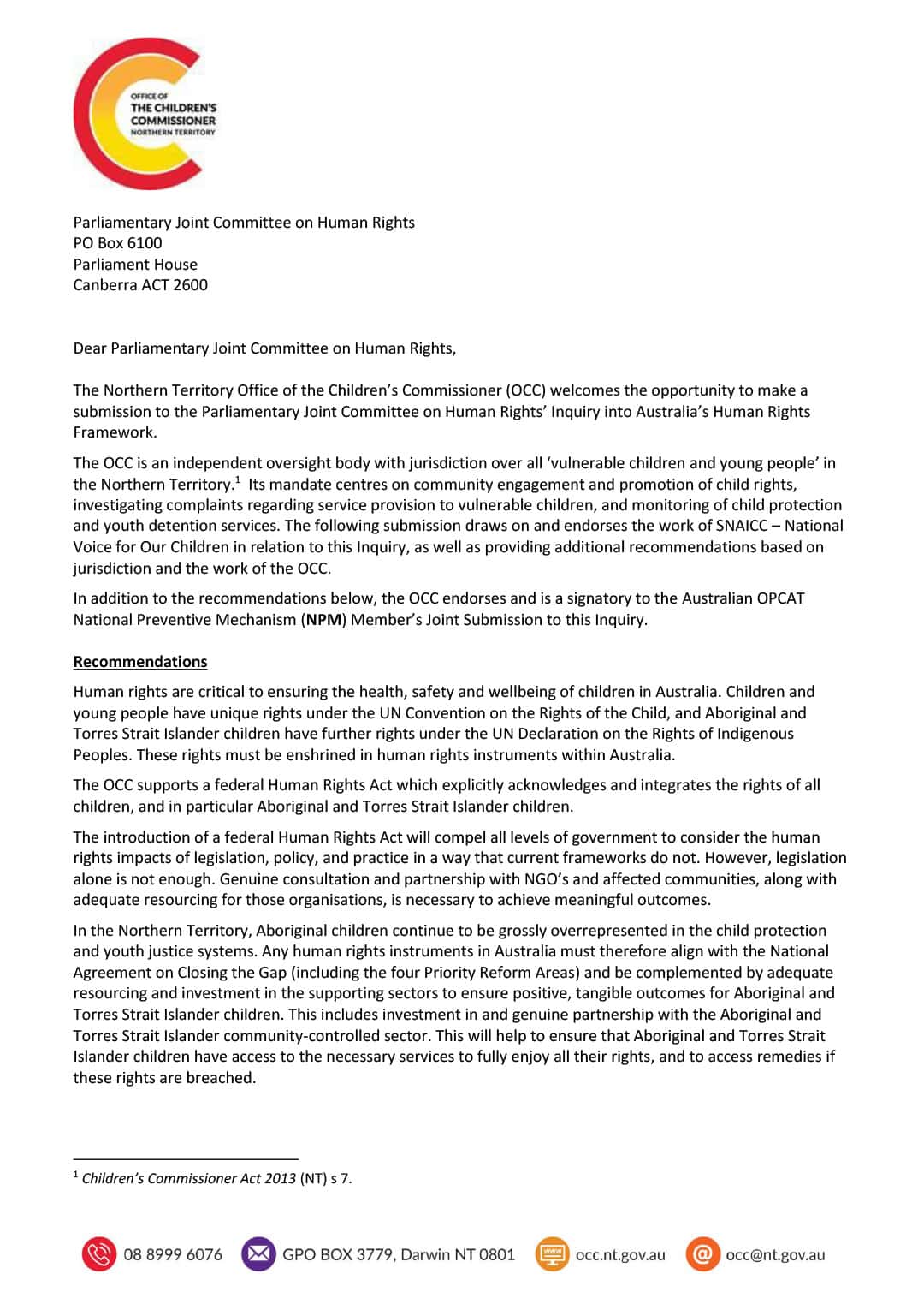 Commonwealth Inquiry into Human Rights Framework (Redacted)
